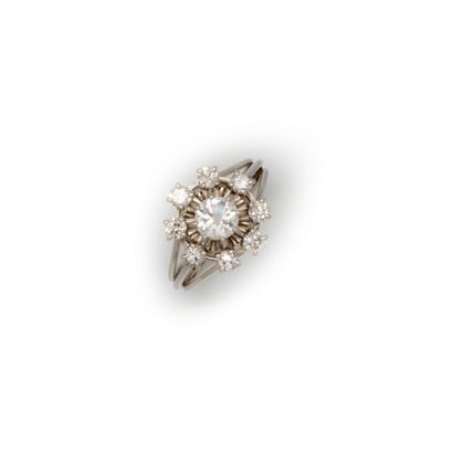 null White gold ring set with a diamond surrounded by small diamonds

TDD : 52,5

Weight...