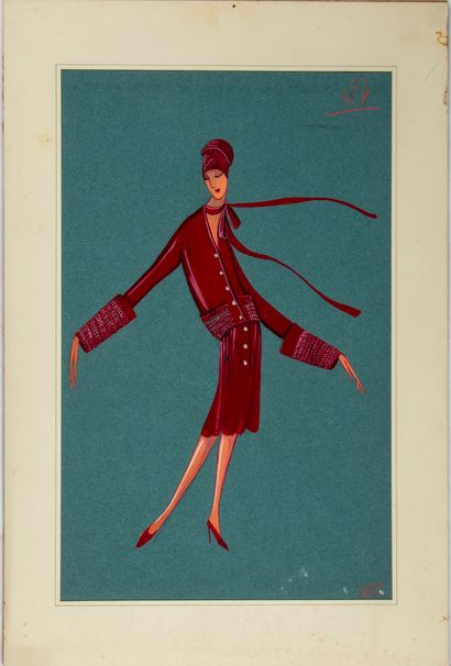LANVIN House Jeanne LANVIN attributed to 

Red set and green set

Two fashion drawings...