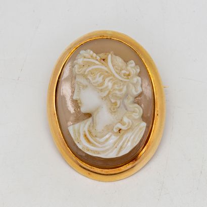 null Oval cameo pendant brooch on agate engraved with a woman's profile, yellow gold...