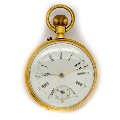  Yellow gold (750 thousandths) men's pocket watch, the back guilloche figured, white...