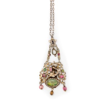  Silver pendant decorated with a dolphin, semi-precious stones and pearls 
19th ...