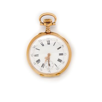 null Yellow gold (750 thousandths) men's pocket watch with double gold bowl, engraved...