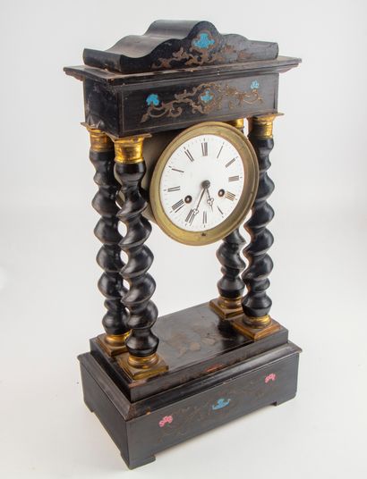 Portico clock in blackened wood with twisted...