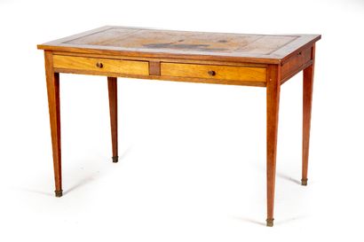 null Small flat desk in mahogany veneer opening by a drawer in belt. Sheath feet....