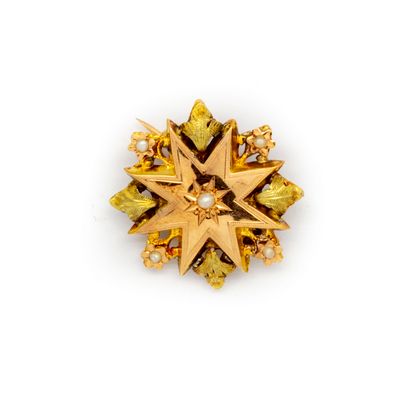 null Small brooch in yellow gold in the shape of a star punctuated with small pearls...