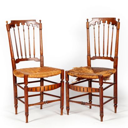 Pair of barbed chairs in natural wood, straw...