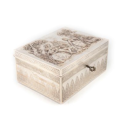 null Silver plated box with engraved pattern, the lid with repoussé decoration of...