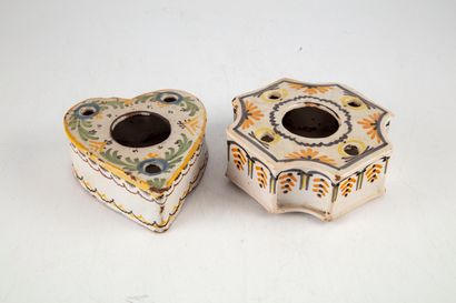 Two earthenware inkwells with polychrome...