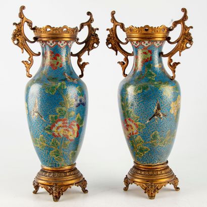CHINE CHINA

Pair of metal vases of baluster form with cloisonné decoration of floral...
