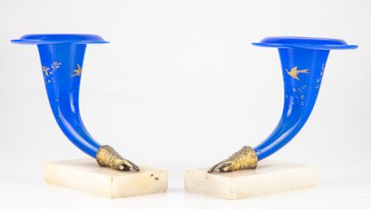 null Pair of blue opaline glass vases with gilded decoration in the form of a horn...