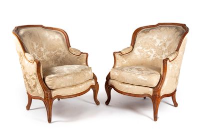 Pair of bergères in natural wood with curved...