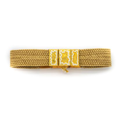 Hair bracelet, enamelled gold clasp 
19th...