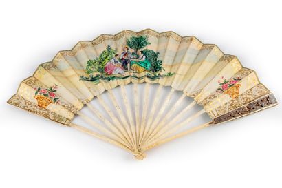 Folded fan, the leaf with gouache decoration...