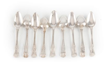 Suite of nine small silver spoons molded...