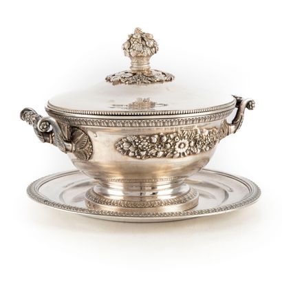 null Covered broth and its tray in molded and chased silver with friezes of pearls,...