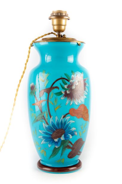 Blue opaline lamp decorated with flowers...