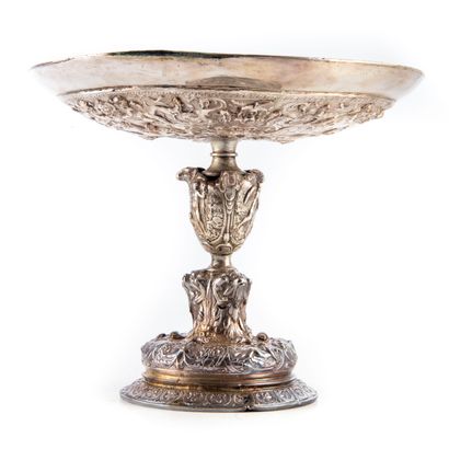 null Silvered bronze cup in the Renaissance style with repoussé decoration of characters...