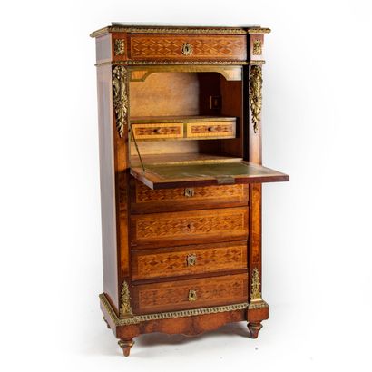null Secretary with a flap forming a chiffonier, decorated with a marquetry with...