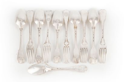 null Mismatched set of cutlery including: five forks and six spoons in silver molded...