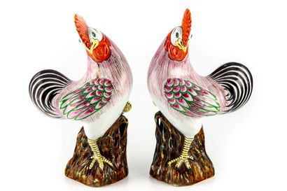 Pair of roosters in polychrome enameled porcelain...