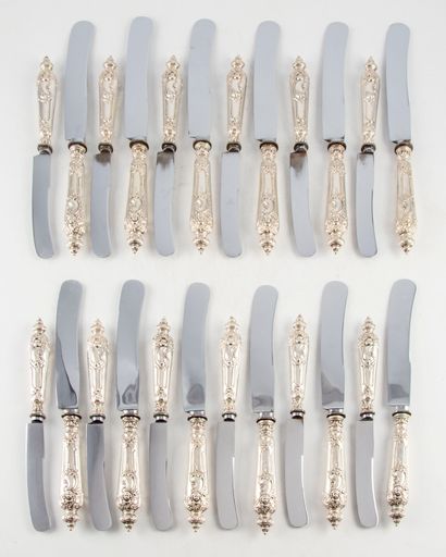 null Set of 12 large knives and 12 small ones, handles in filled silver decorated...