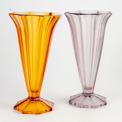 Pair of glass cone vases, one transparent,...