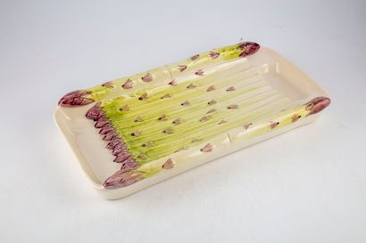 null Large asparagus dish of rectangular shape in glazed earthenware, decorated with...