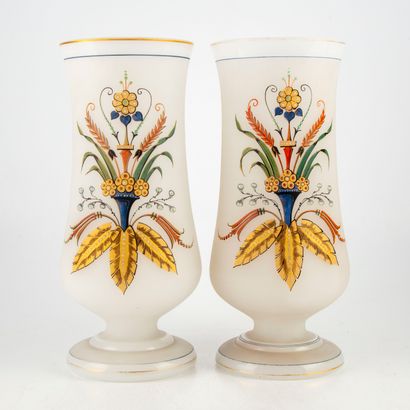 Pair of large white opaline vases on a pedestal...