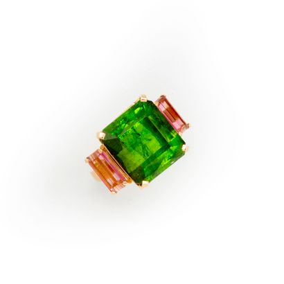 null Bague en or jaune ornée d'une tourmaline verte rectangulaire pesant 14,5 cts...