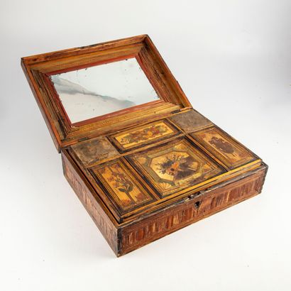 null Straw marquetry book box, the lid decorated with a flower basket, quivers and...