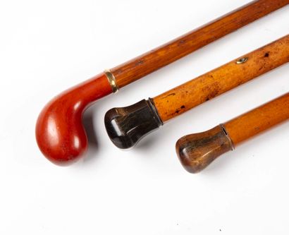null Set of three canes: 

-Cane with a shaft in Malacca rush. Knob in brown horn...