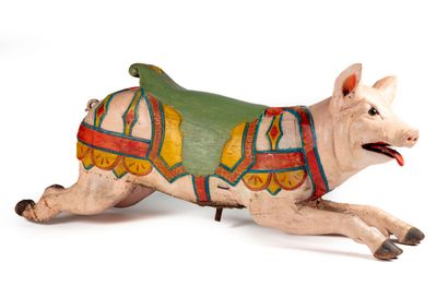 null ANONYME

Important cochon sauteur harnaché en bois sculpté polychrome formant...