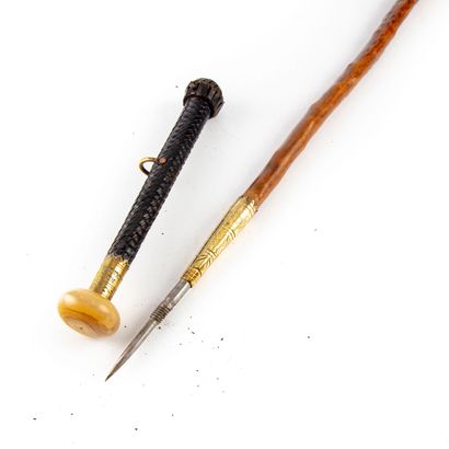 null Traditional Basque Makila cane with long leather braided handle with brass ring...