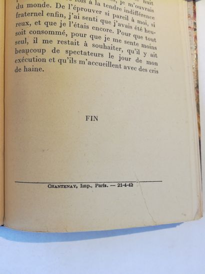 null CAMUS (Albert). L'étranger. Roman. Paris, Gallimard, 1942. In-12, demi-maroquin...