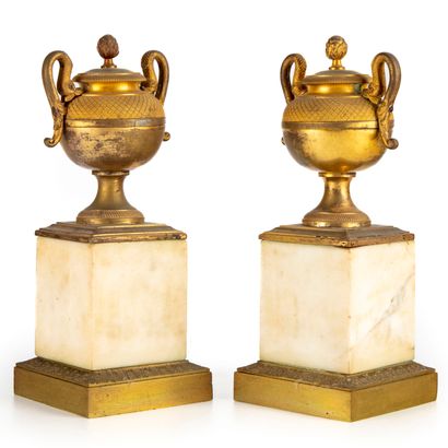 null Pair of covered cassolettes on pedestal in bronze and gilt brass. Chiseled handles...