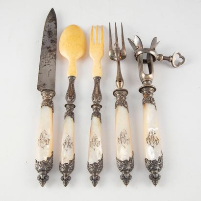 null Set of serving utensils, mother-of-pearl handle "CA" including leg of lamb and...