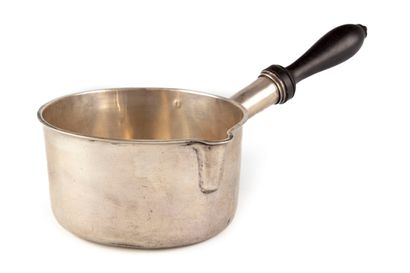 Silver porridge pan, blackened wooden handle...