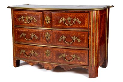 null Chest of drawers with a slightly arched front, in violet wood veneer with frieze...