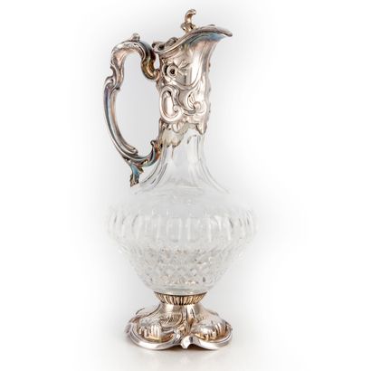 Cut crystal ewer with silver plated metal...