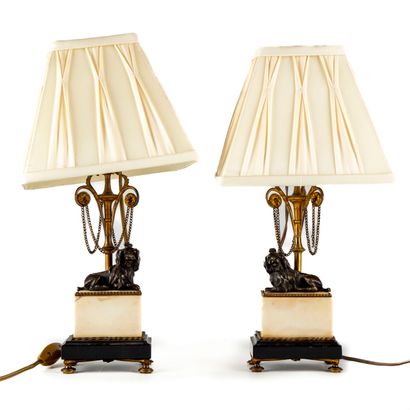 null Pair of lamps featuring small poodles in bronze, resting on a marble base

Louis...