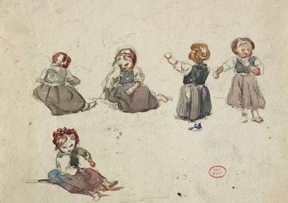 Paul HUET Paul HUET (1803-1869). 
Etude de petites filles 
Dessin au crayon et rehauts...