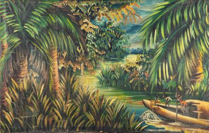 null AFRICAN SCHOOL XXth 

Pair of animated riverside landscapes

Oil on canvas,...