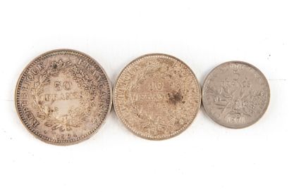 Set of three coins: 50 francs 1974, 10 francs...