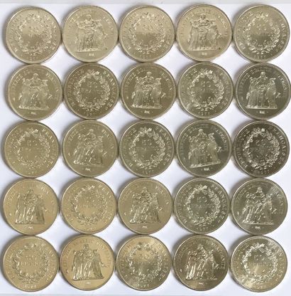 null Ensemble de 25 pièces de 50 Francs Argent 1977, type Hercule présidant à la...