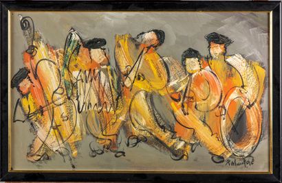 null XXth CENTURY SCHOOL 

The Musicians

Oil on cardboard, signed lower right