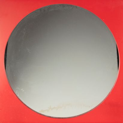 Round wall mirror with square frame in red...