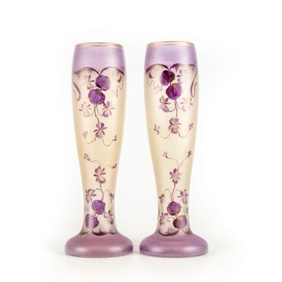 Pair of long necked vases on heel in frosted...