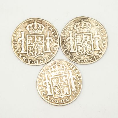  Ensemble de trois pièces en argent de 8 reales : 
- 1 pièce Charles III 1779, Mexique...