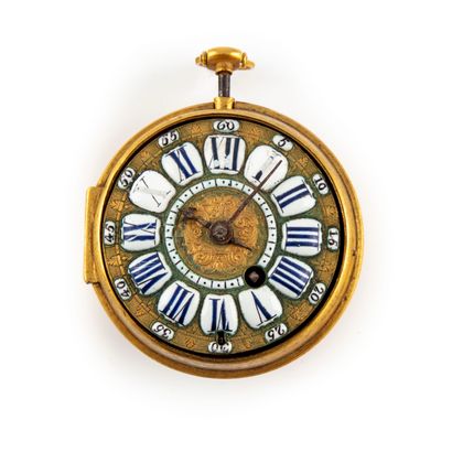 GRIBELIN Onion watch with openwork gilt brass case. Gilded brass dial with engraved...