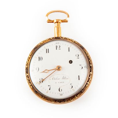 Pocket watch with gold case. Dial with white...